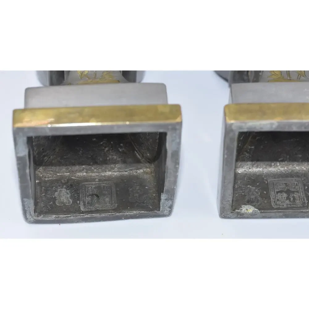 Chinese Pewter & Brass Temple Alter Candlesticks Joss Stick Holder Garniture